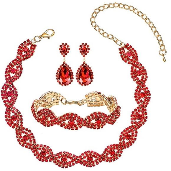 Ruby Red Crystal Necklace Set CZ Cubic Rhinestone Necklace Bracelet Earrings Set - Picture 2 of 6